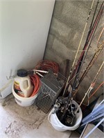 Extension cords, bucket of rod, and reels bucket