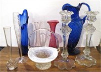 Group of Colored & Crystal Vases, Pitchers, Basket