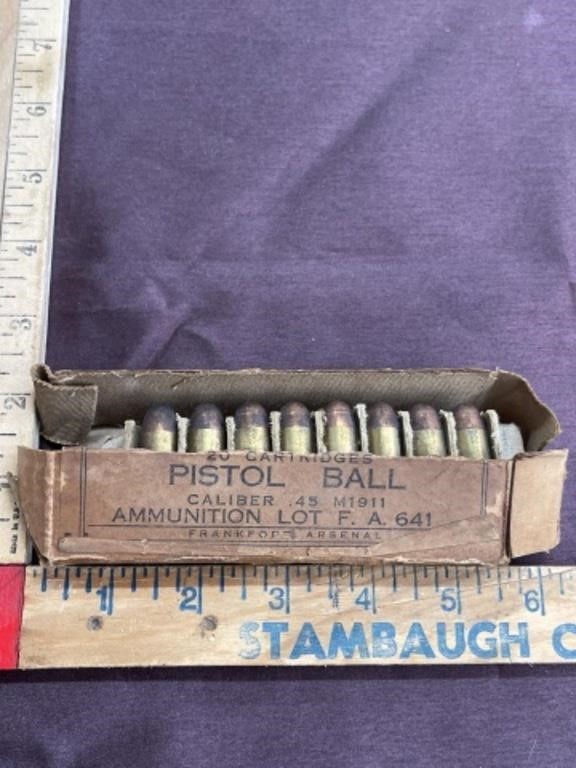 45 caliber ammo antique box, 13 total box is