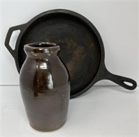 Pottery Jug and Lodge Cast Iron Pan