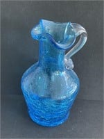 Blue clear crackle glass pitcher
