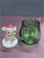 Mouse figurine, green glass jar