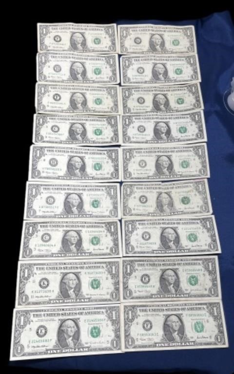 $18 18 $1 Dollar Bills paper money mixed serial