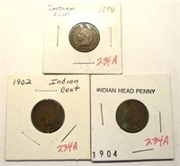 (3) Indian Head Cents, 1896, 1902, 1904