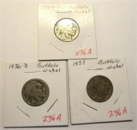 (3) Buffalo Nickels, 1934 D, 1936 D, 1937