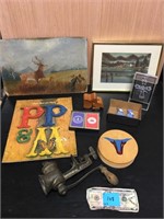 Lot of Mixed  Art, Pottery, Wood, Cards, Grinder