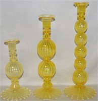 3pc Venetian Blown Art Glass Yellow Twist Candle