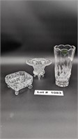 VINTAGE CRYSTAL VASE, AND FOOTED SQUARE AND ROUND