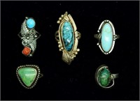 (5) Vintage Sterling Turquoise Rings