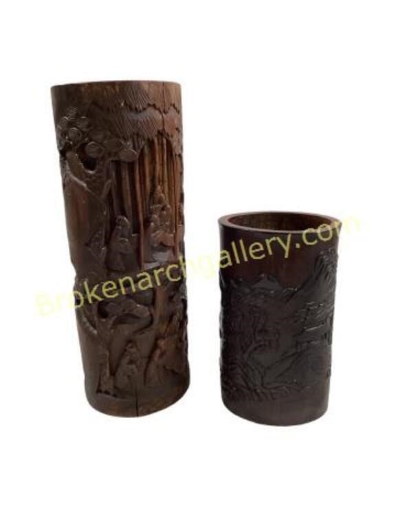 2 Asian Carved Brush Pots