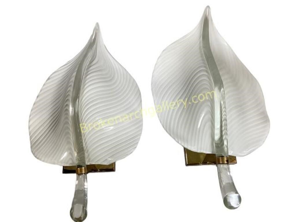 Pair Murano Glass Leaf Wall Sconce