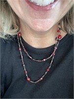 Vintage Red Beaded Necklace Tiny Metal Between