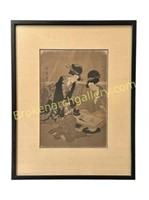 Framed Japanese Woodblock, attrib. Utamaro