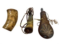Carved Horn Cup, Powder  Horn, Brass Powder Horn