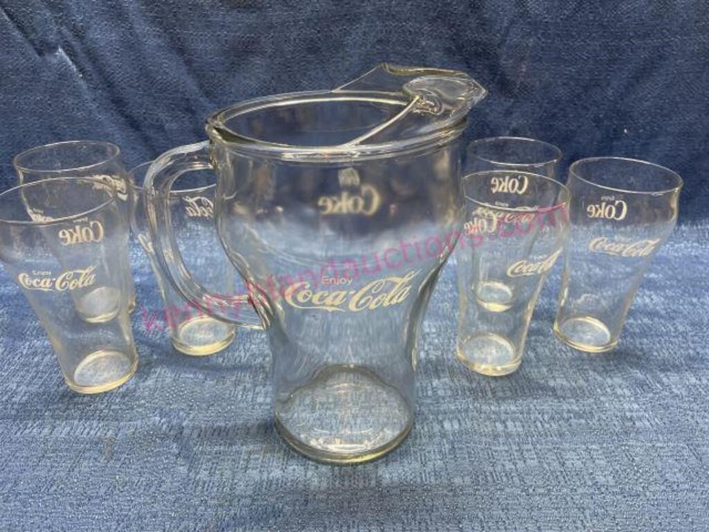 Coca-Cola clear pitcher & 6 glasses