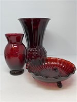 Ruby Glass Vases and Dish