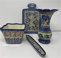 Polish Pottery Vase, Planter, Trivet, Olive Dish