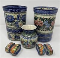 Polish Pottery Utensil Holders, Vase, Rings