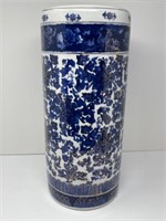 Blue / White Pottery Signed Umbrella Stand