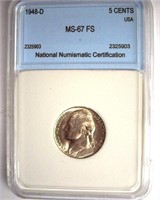 1948-D Nickel MS67 FS LISTS FOR $625