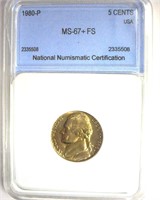 1980-P Nickel MS67+ FS LISTS $250 IN 66FS