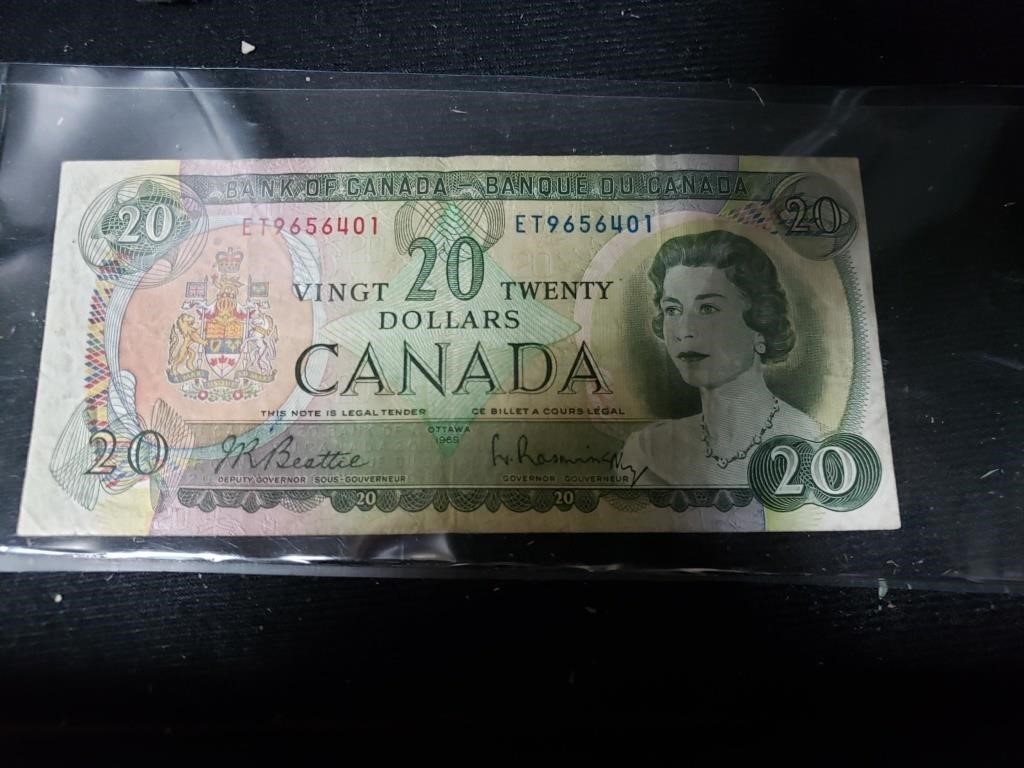 1969 $20 BANK NOTE CANADA BILL TWENTY DOLLARS
