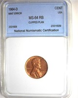 1964-D Cent NNC MS64 RB Clipped Plan