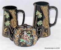 Victorian Jackfield Gilt Lace & Enamel Teapot/Jugs