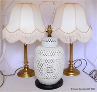 A Pair of Brass Table Lamps & Shades