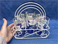 1940s blue & white tumblers in metal caddy