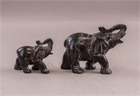Black Stone Carved Elephant Sculptures 2pc
