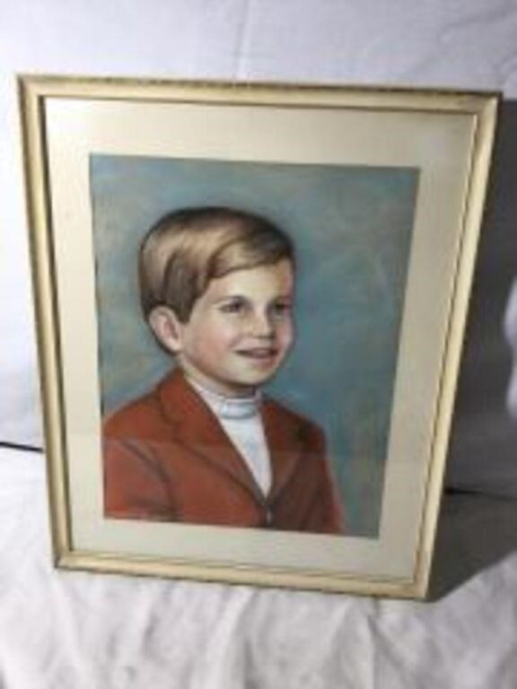 Signed Painting Young Lad Wood frame w/ Glass