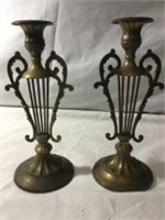 Vintage Brass Harp Candleholders w/ Music Strings