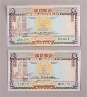 1975 Hong Kong $5 Banknotes 2pc