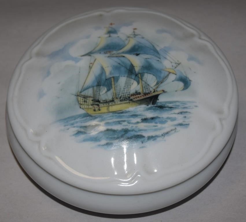Vtg Pewtina Designs Porcelain Ship Trinket Box