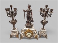 (3)-PIECE EARLY 20th C. SPELTER & MARBLE CLOCK