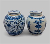 (2) CHINESE BLUE AND WHITE PORCELAIN LIDDED JARS