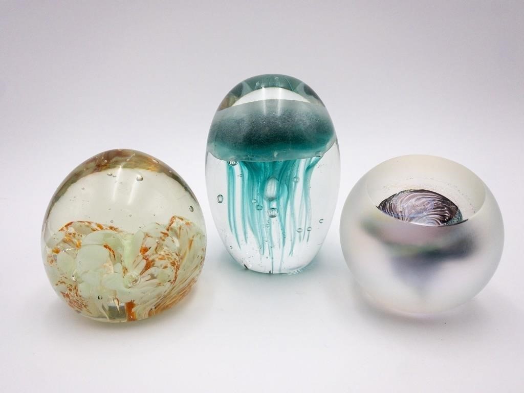 SIGNED GLASS PAPERWEIGHT TRIO