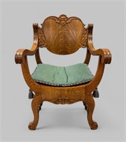 20th CENTURY CARVED OAK OPEN ARM CHAIR