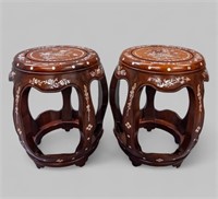 PAIR OF INLAID CHINESE ROSEWOOD BARREL STOOLS