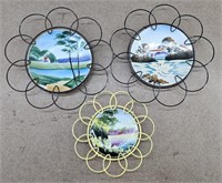 3pc 1940s Handpainted Plates in Wire Circles