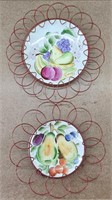 2pc 1940s Handpainted Plates in Wire Circles
