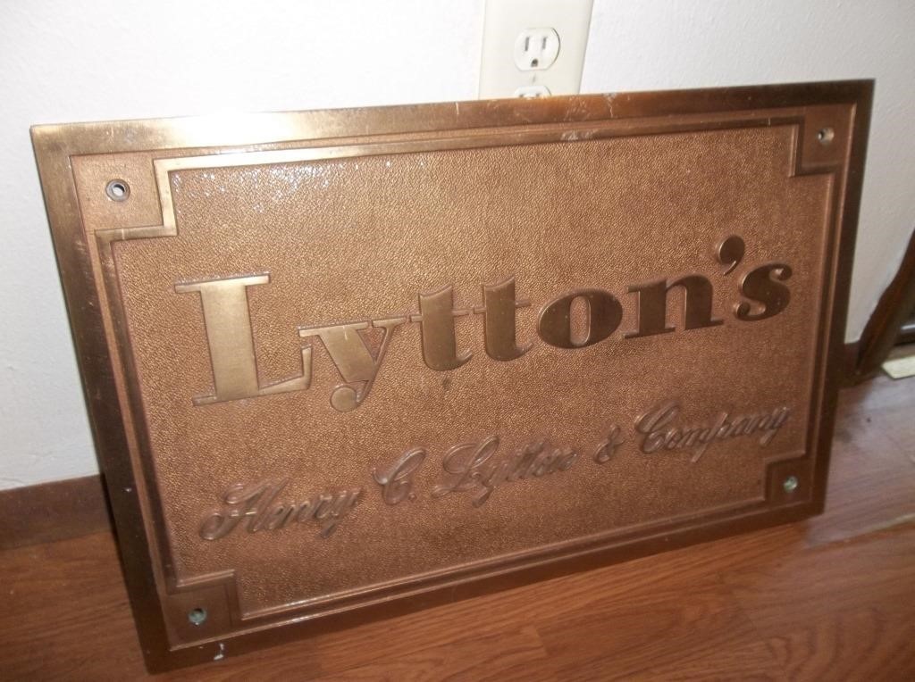 Vtg Lytton's Solid Brass Store Sign/ Plaque