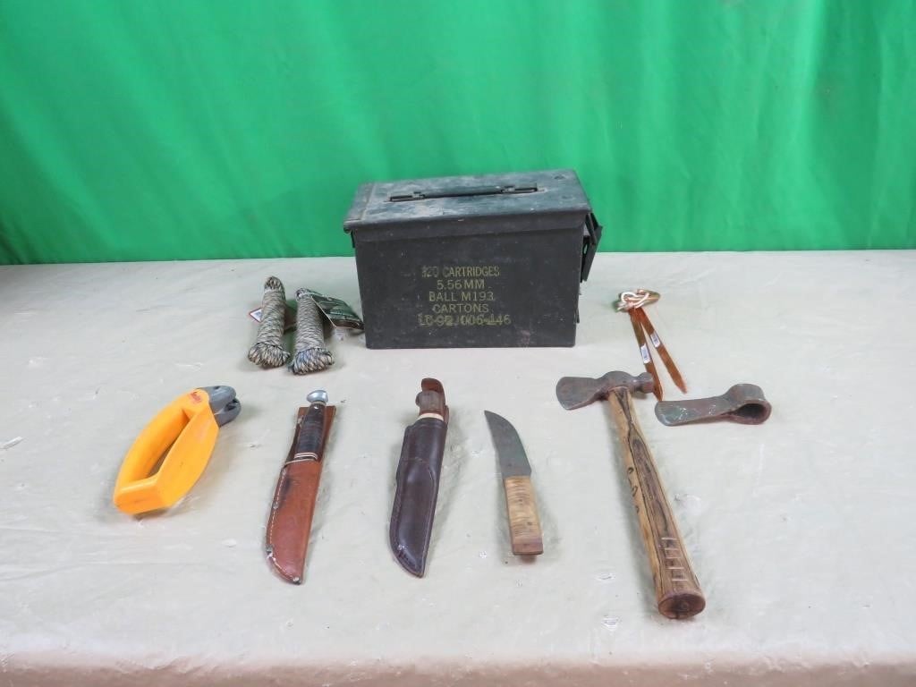 Ammo box, knives, hatchet & more
