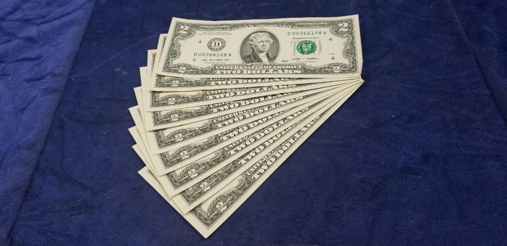 (9) Two Dollar Bills
