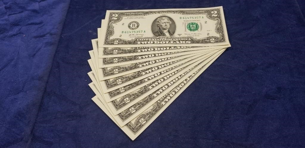 (9) Two Dollar Bills