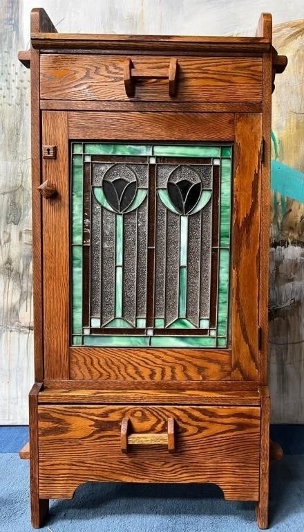 337 - VINTAGE CABINET W/ STAINED GLASS 46X21.5"