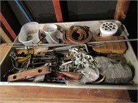 Metal tray with misc garage stuff