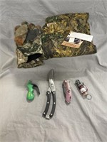 Camouflage Pants (32x32), Knife, Lighter, and