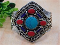 RED CORAL, LAPIS LAZULI AND TURQUOISE METAL CUFF B